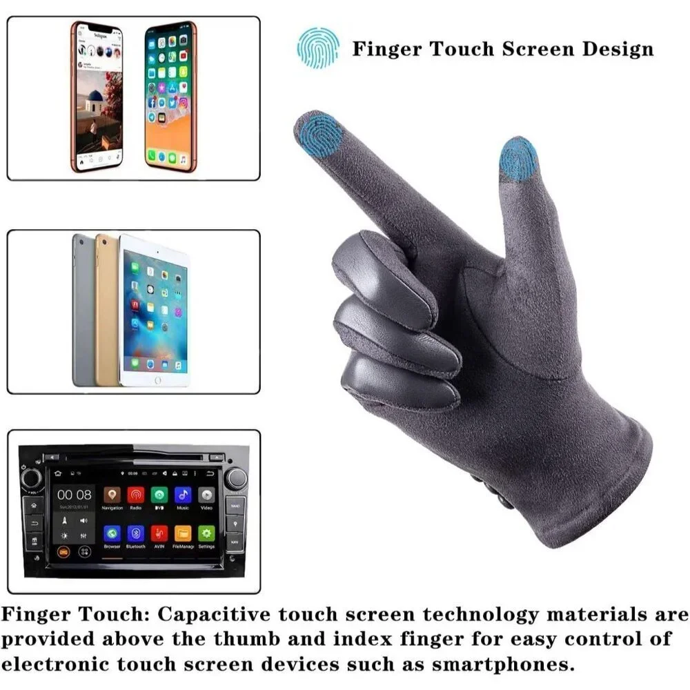 Women's Grey Winter Leather Suede Gloves Wool Lined Windproof Touchscreen